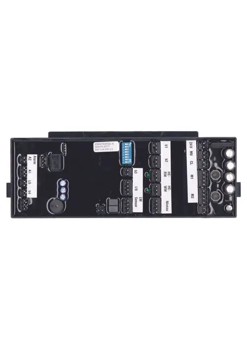 Schaltungseinheit von JUDO, ausgestattet mit mehreren Anschlussklemmen, Sensoren und einem Mikrocontroller. Die Platine zeigt Beschriftungen für verschiedene elektrische Anschlüsse.
